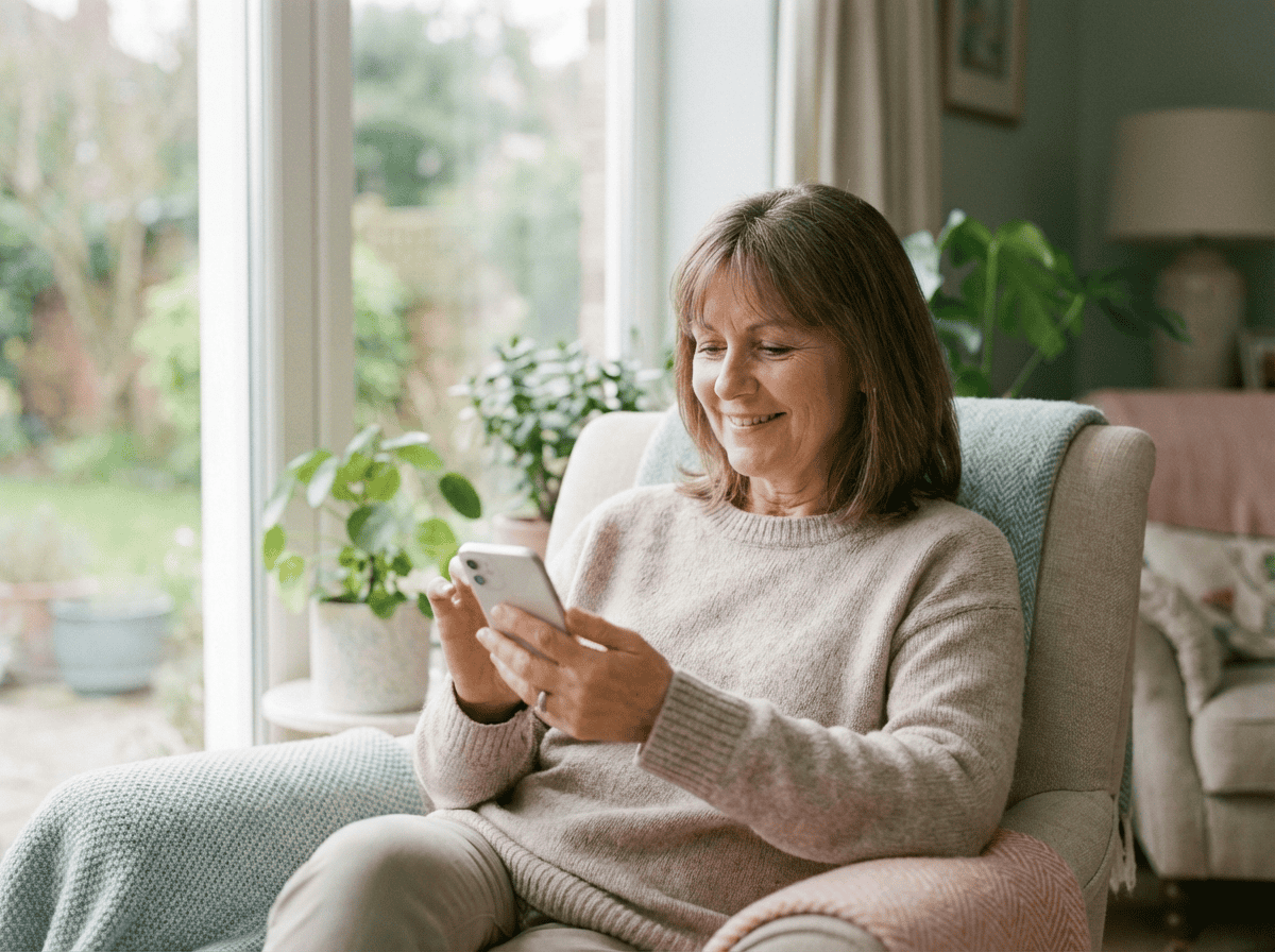 Woman smiling while using smartphone.